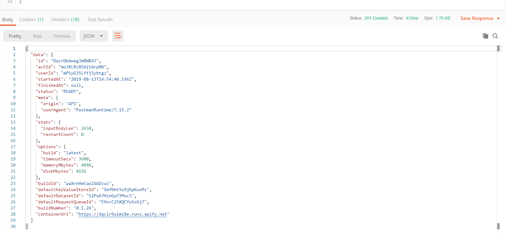 Actor run info in Postman